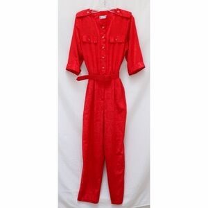 Vintage Nu-Mode 70s 80s Bright Red Jumpsuit belted paisley print satin M glam